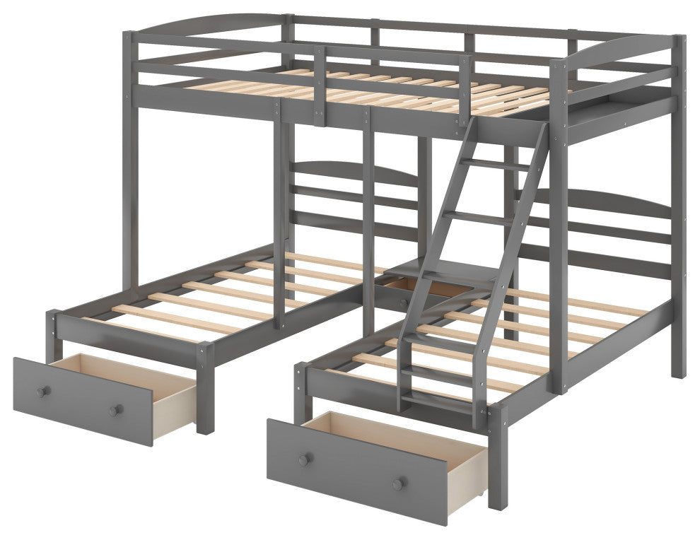 Gewnee Wood Full Over Twin & Twin Triple Bunk Bed with Drawers in Gray