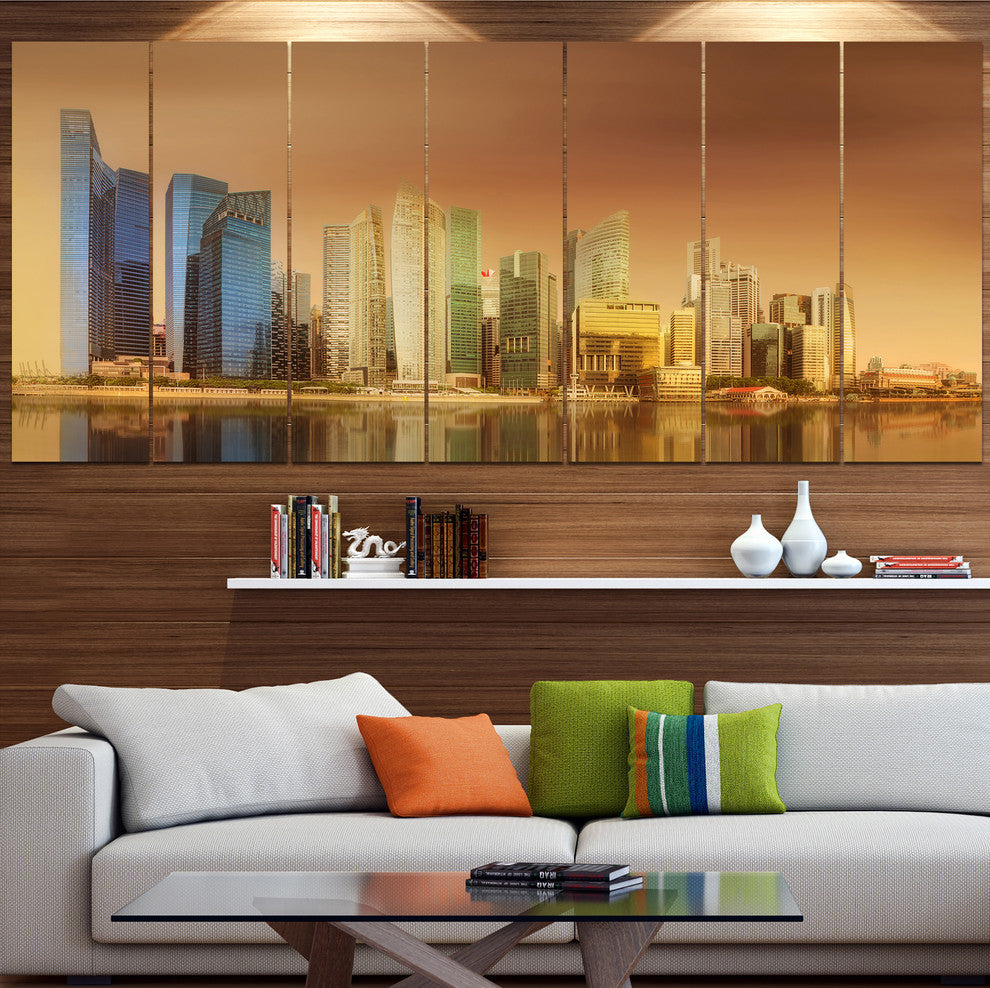 Singapore Skyline under Brown Sky, Cityscape Canvas Art Print, 83"x32", 7 Panels