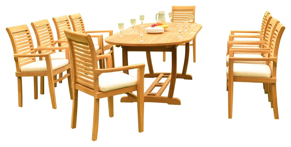 11-Piece Outdoor Teak Dining Set: 94" Oval Table, 10 Mas Stacking Arm Chairs