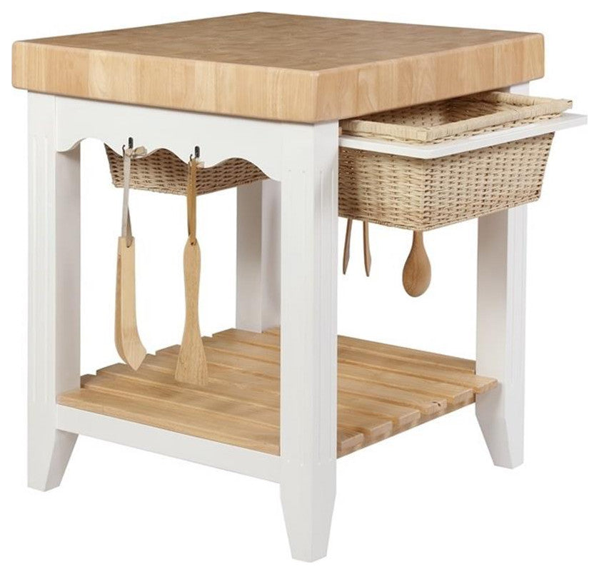 Linon Kolton Butcher Block Kitchen Island with 2 Baskets in White/Natural Wood