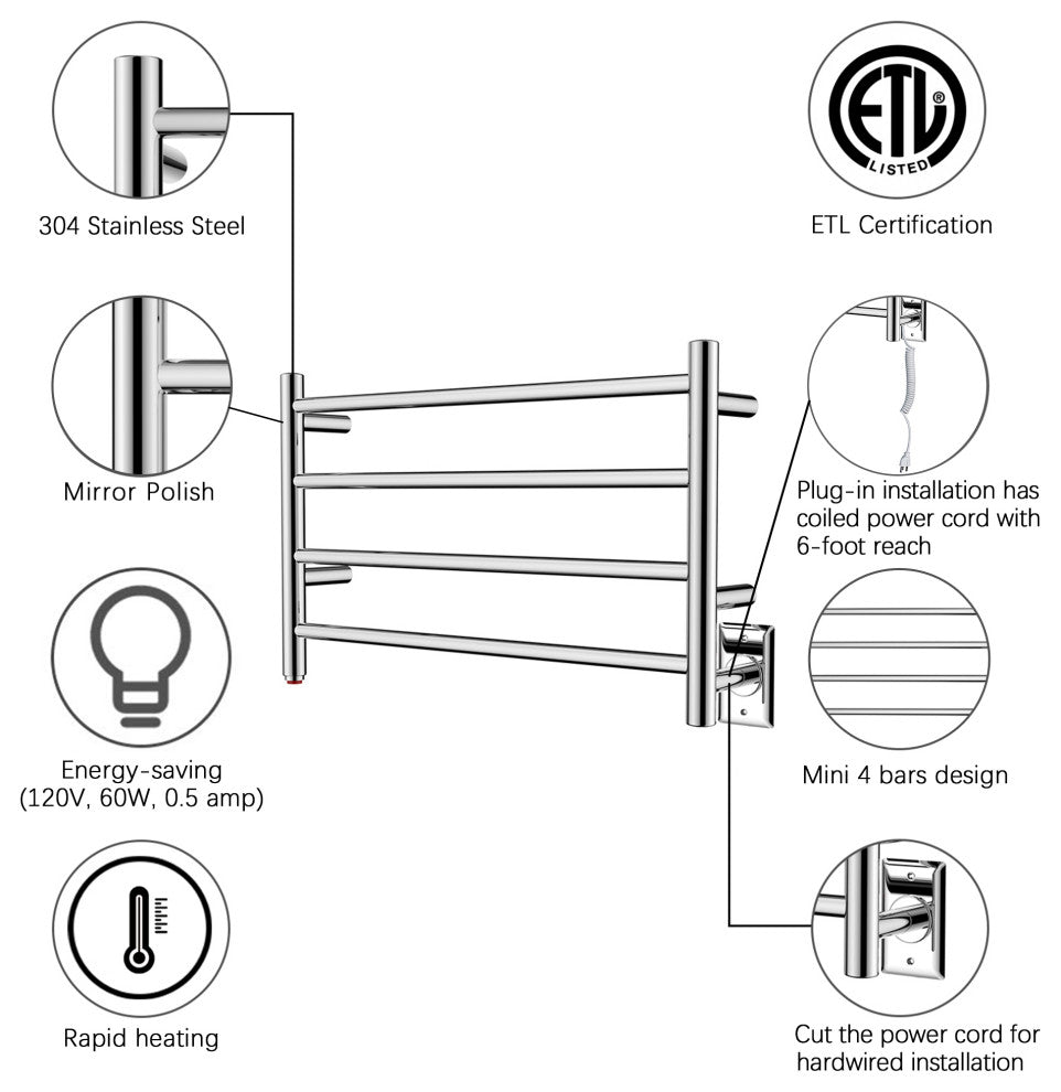 HEATGENE 4 Bar Wall-Mounted Plug-in / Hard-wiring Towel Warmer, Mirror Polish