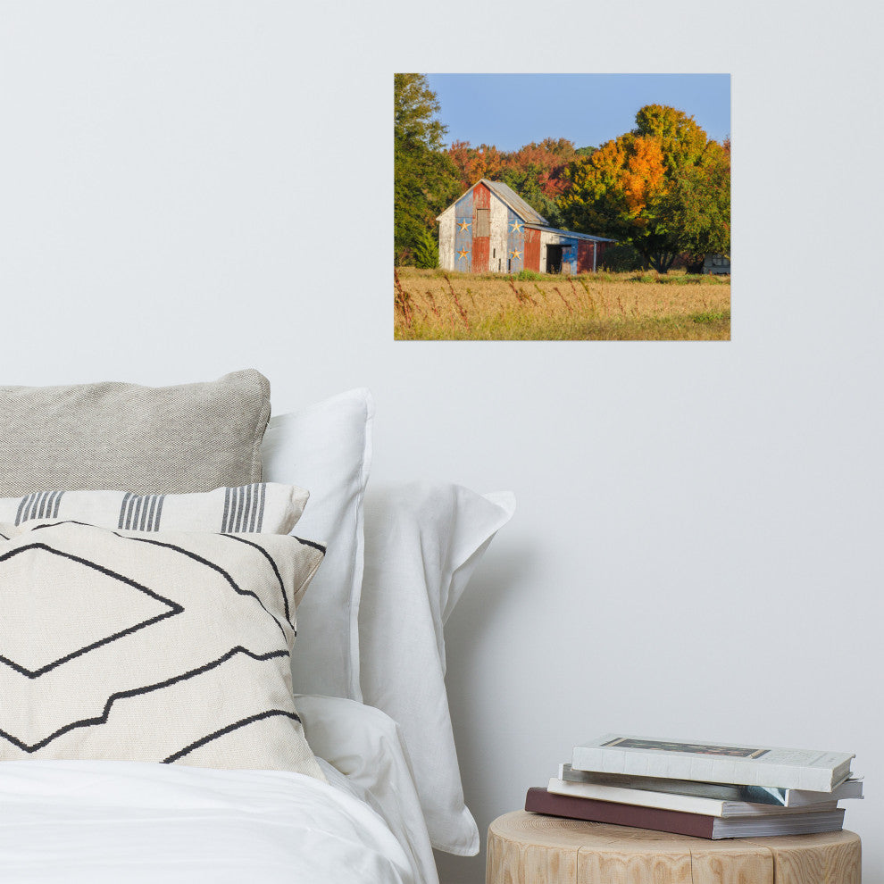 Patriotic Barn in Field Landscape Photo, Rural Unframed Wall Art Print, 16" X 20"