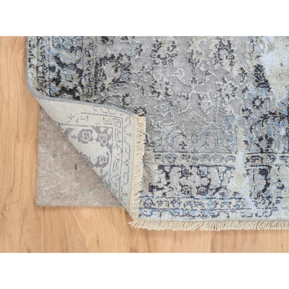 Gray, Hand Knotted Broken Kashan Design, Wool With Silk, Runner Rug, 2'6"x6'1"