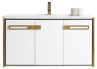 Oakville Wall Mount Bathroom Vanity, White Matte, 42", Satin Brass Hardware
