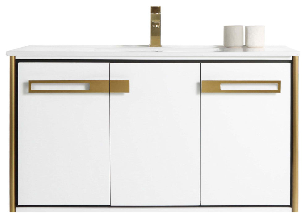 Oakville Wall Mount Bathroom Vanity, White Matte, 42", Satin Brass Hardware