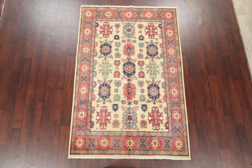 Hand Made Kazak Oriental Traditional Pakistani Area Rug, Beige, 7'5"x5'0