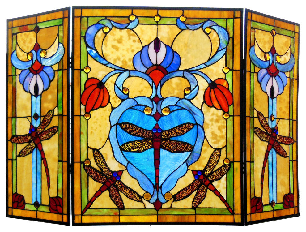 Zygo Tiffany-Style 3-Piece Folding Dragonfly Fireplace Screen, 44" Wide