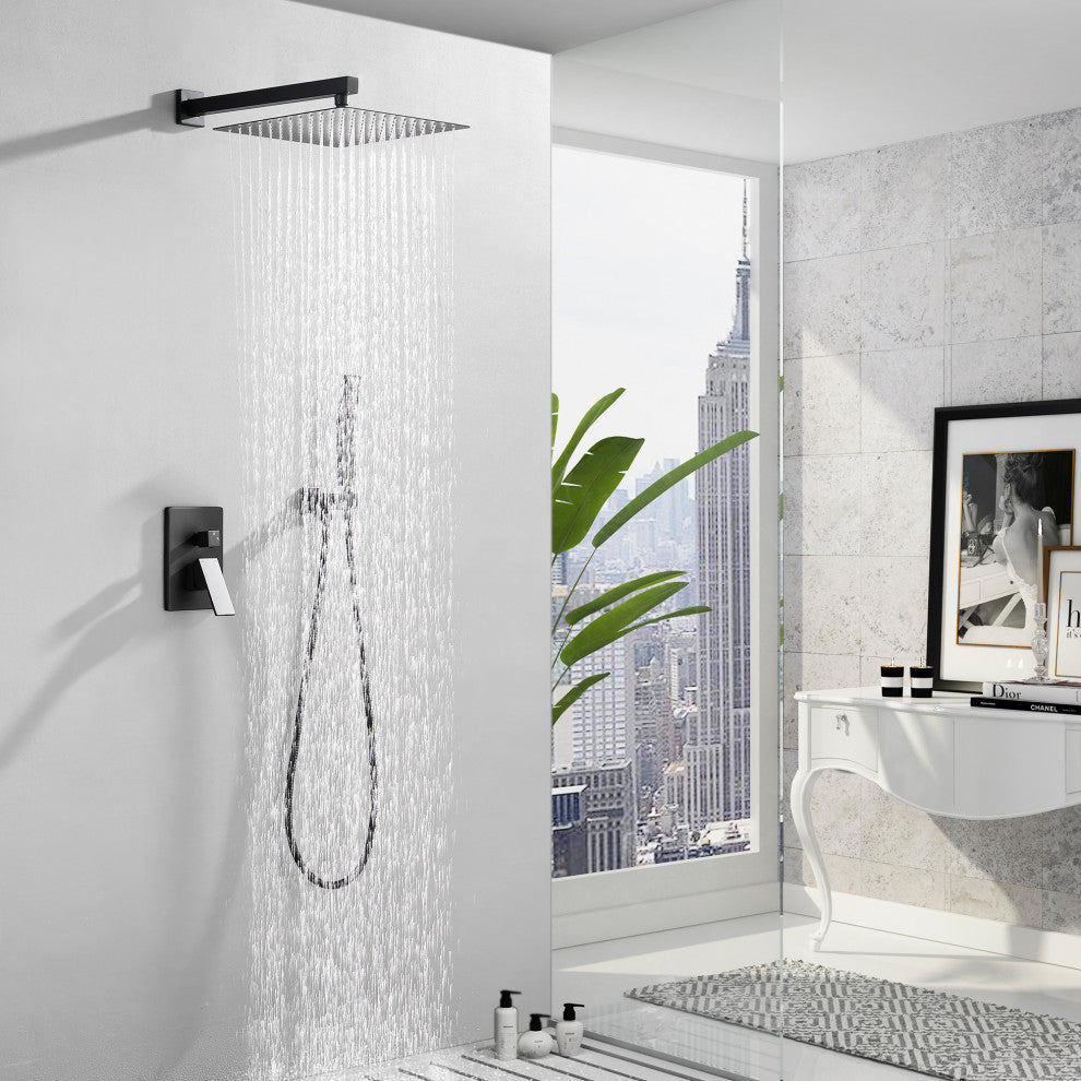 Wellfor Shower Faucet with Rain Shower Head, Handheld Shower and Valve, Black, 10" Shower Head