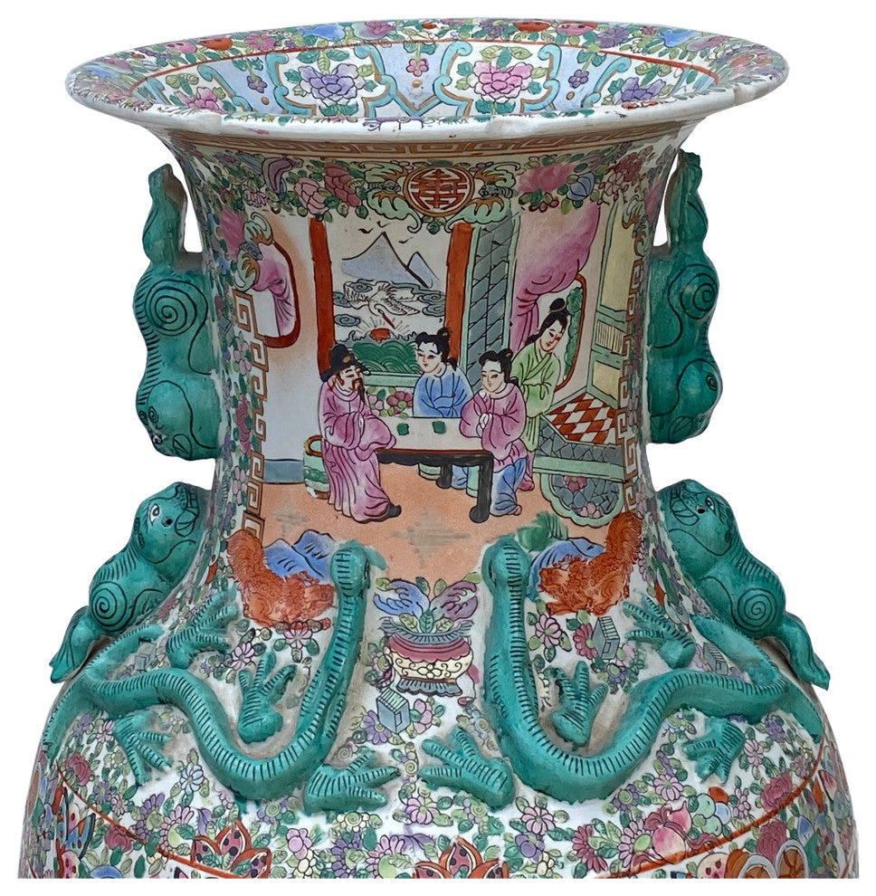 Chinese Hand Made Pink Turquoise House People Scenery Graphic Vase Hws2168