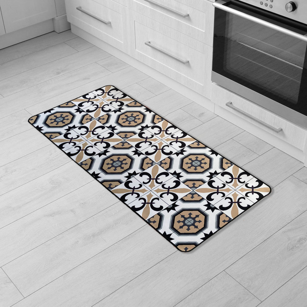 Carmen Printed Kitchen Runner Mat 47" x 20" White and Beige Tile Design