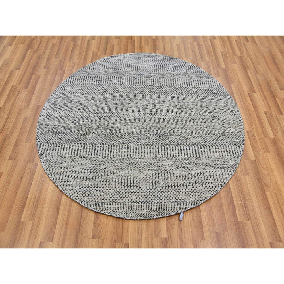 Pastel Gray Natural Undyed Wool Grass Design Hand Knotted Round Rug 4'9"x4'10"