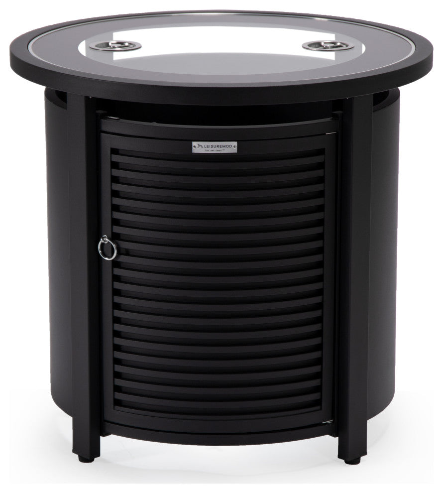 LeisureMod Walbrooke Round Fire Pit Table and Tank Holder With Slats, Black