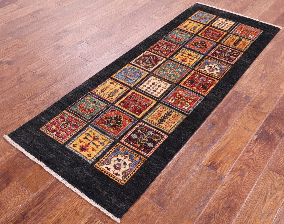 Handmade Black Persian Garden Design Runner Rug 2' 6" X 6' 7" Q10688