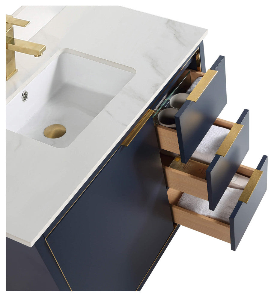 Opulence Bath Vanity, Navy Blue, 36", Satin Brass Hardware, White Carrara Top