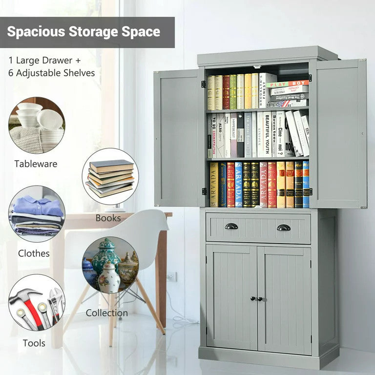 Traditional Pantry Cabinet, 2 Large Doors With Drawer & Pull Handles, Grey