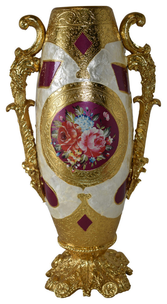 Gold and Flower Adorned Tall Resin Vase Size: 12" x 9" x 21"H