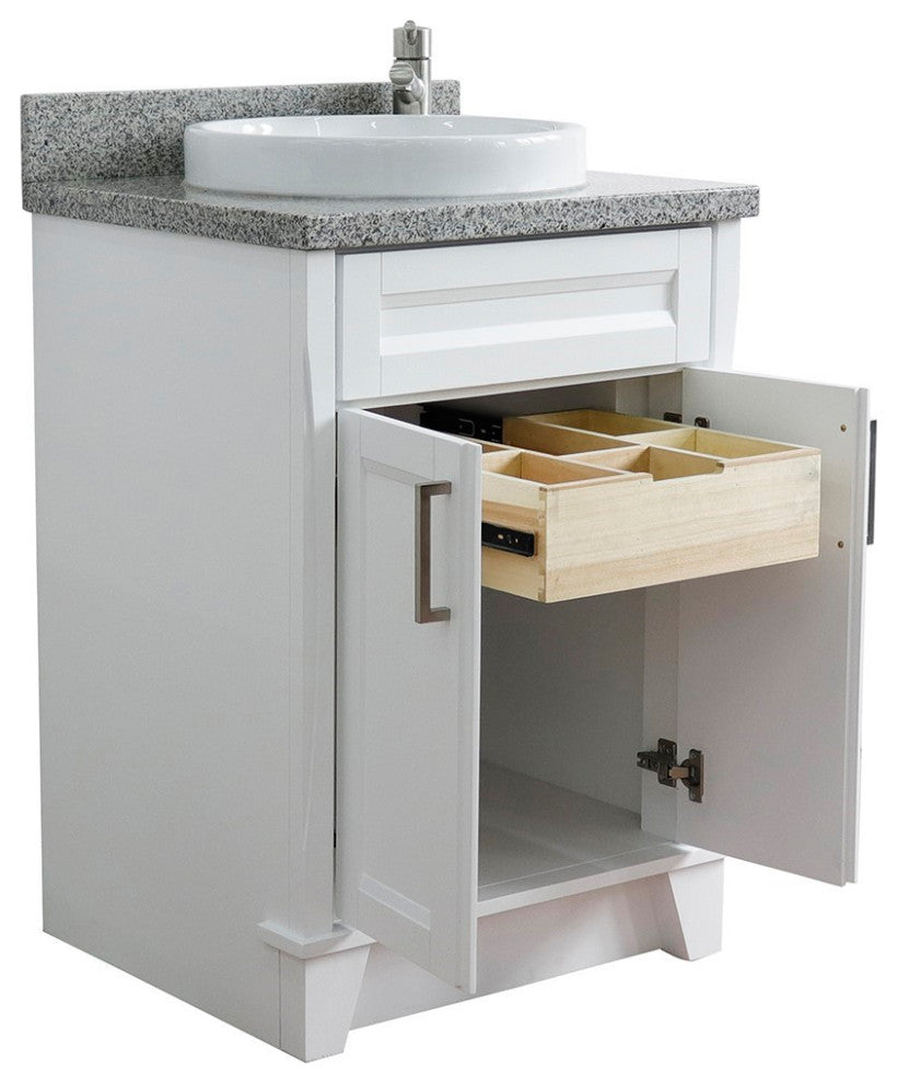 25" Single Sink Vanity, White Finish With Gray Granite And Round Sink