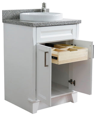 25" Single Sink Vanity, White Finish With Gray Granite And Round Sink