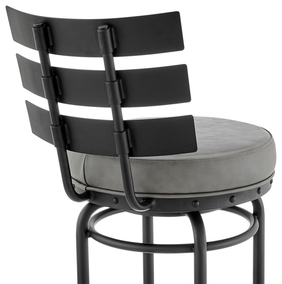 Natya Swivel Stool in Black Finish With Gray Faux Leather, 30"