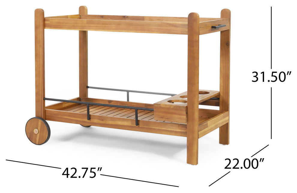 Bonneau Outdoor Acacia Wood 2 Tiered Bar Cart With Bottle Holders