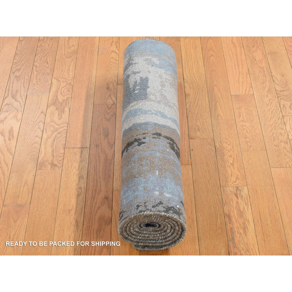 Blue, Hand Knotted, Abstract Design, Wool and Silk, Runner Rug, 2'8"x8'1"