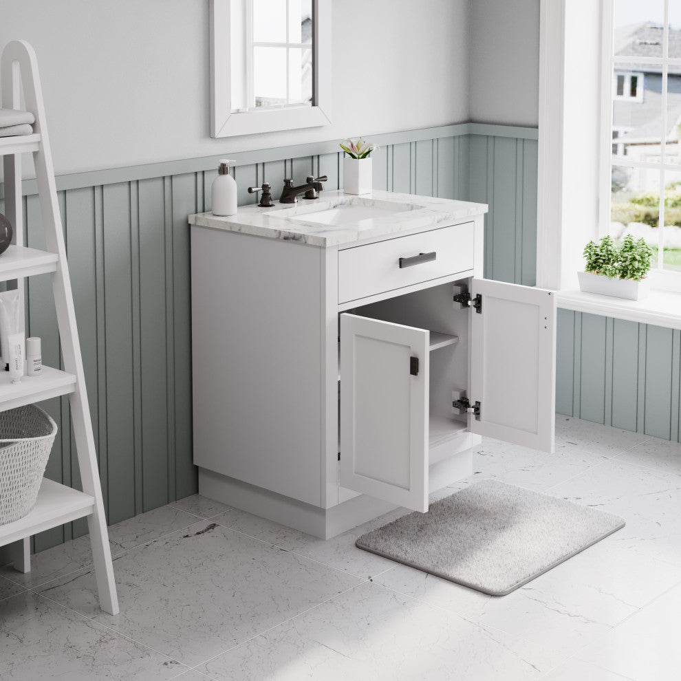 Hartford 30" Single Sink Marble Countertop Bath Vanity, White, Vanity With Class