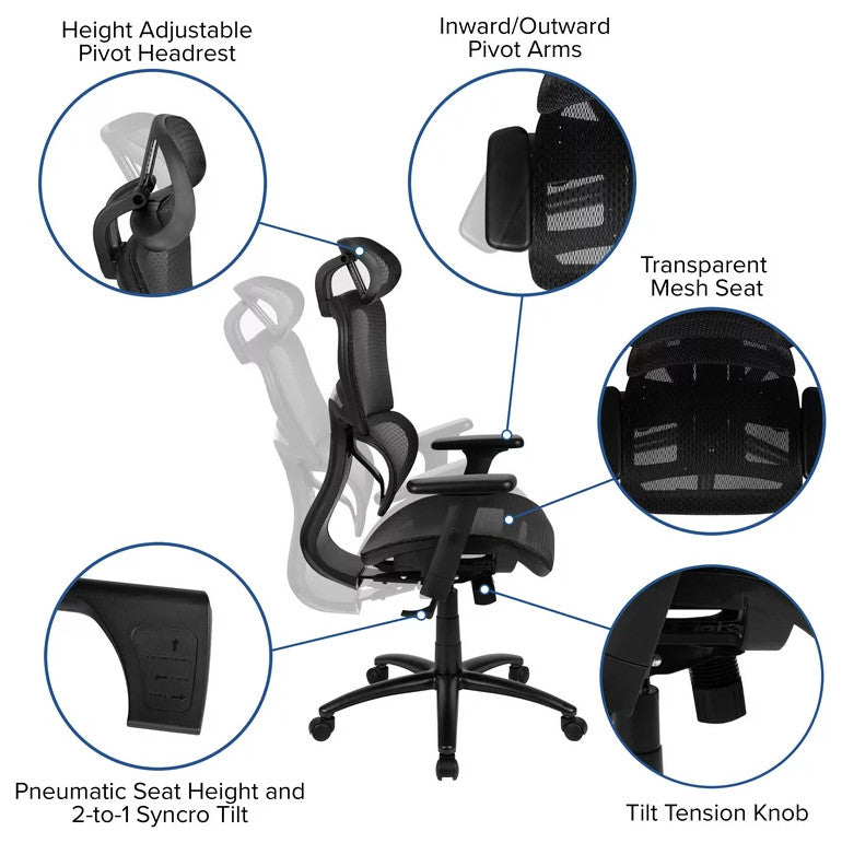 Contemporary Office Chair, Mesh Seat & Back With Adjustable Headrest, Black