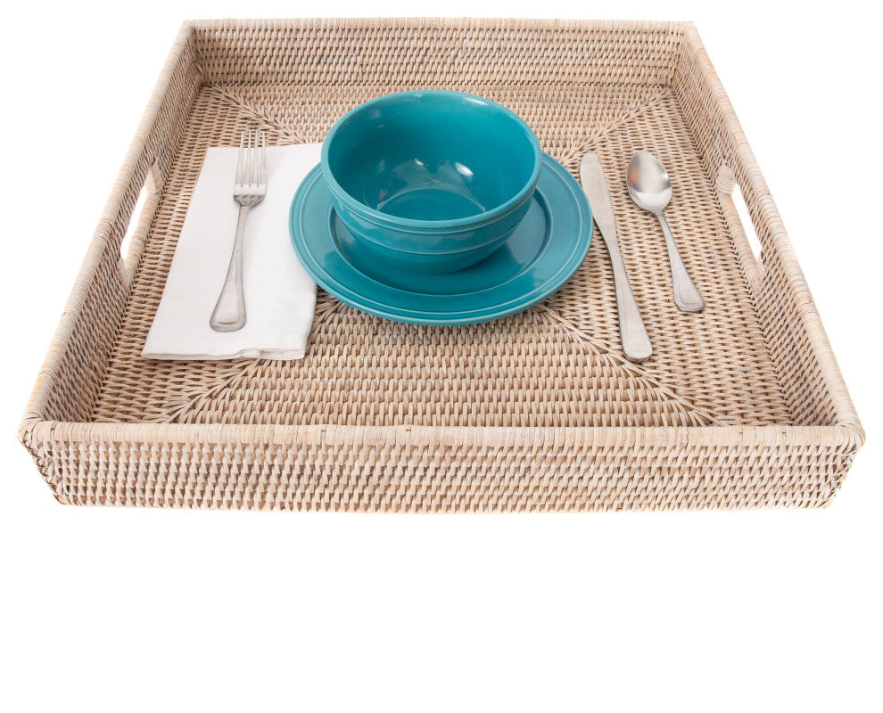 Artifacts Rattan™ Square Ottoman Tray with Cutout Handles, White Wash, 18"x18"