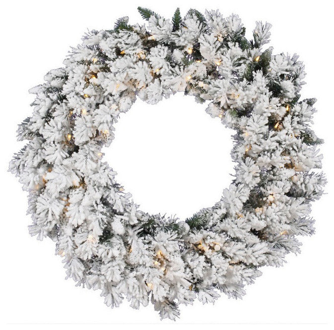 24" Flocked Wreath, 120 Tips, 50 Clear Lights