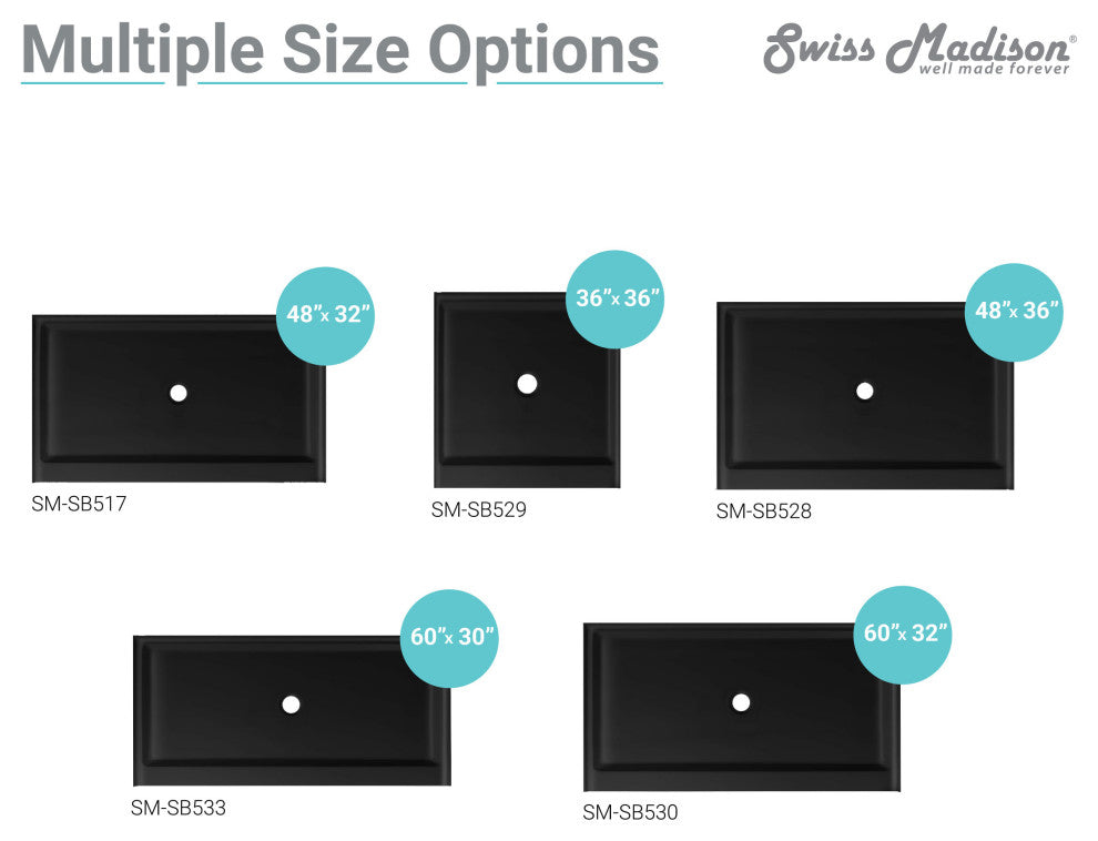 Voltaire 48"x36" Acrylic Black, Single-Threshold, Center Drain, Shower Base