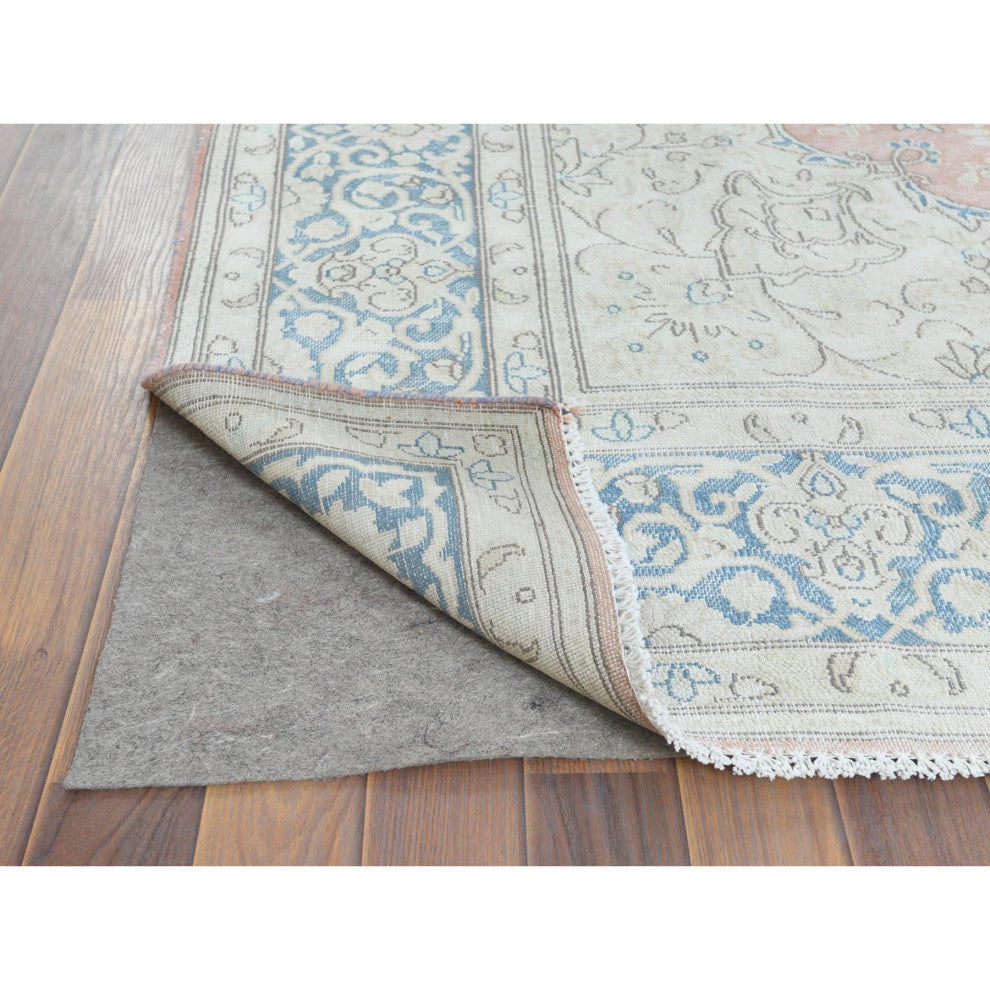 Worn Wool, Hand Knotted, Red, Vintage Persian Kerman Oriental Rug, 7'0" x 10'4"