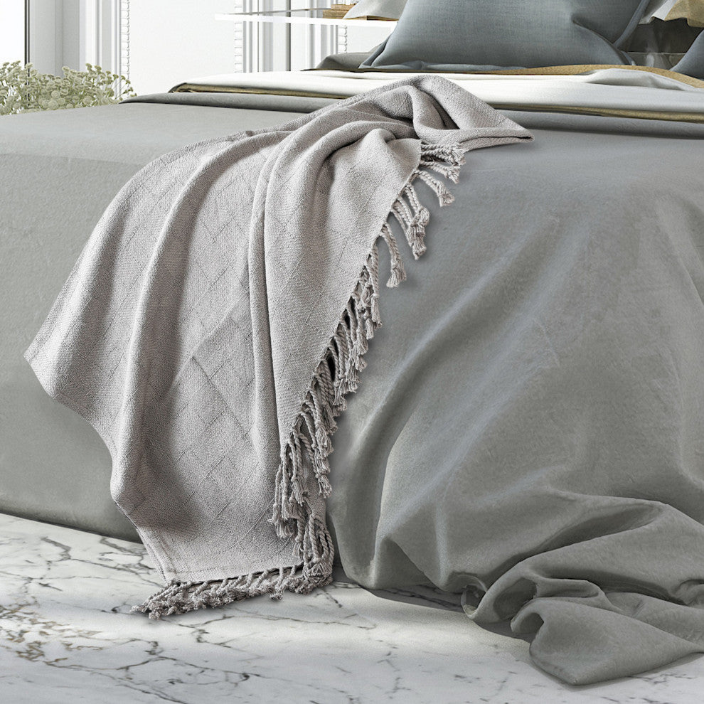 Checkered Weave Throw Blanket with Fringe, Light Gray