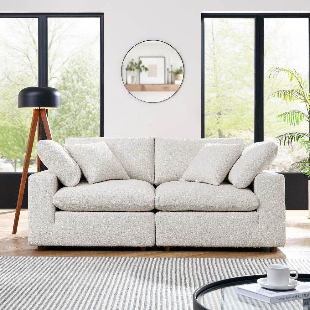 Commix Down Filled Overstuffed Boucle Fabric Loveseat, Ivory