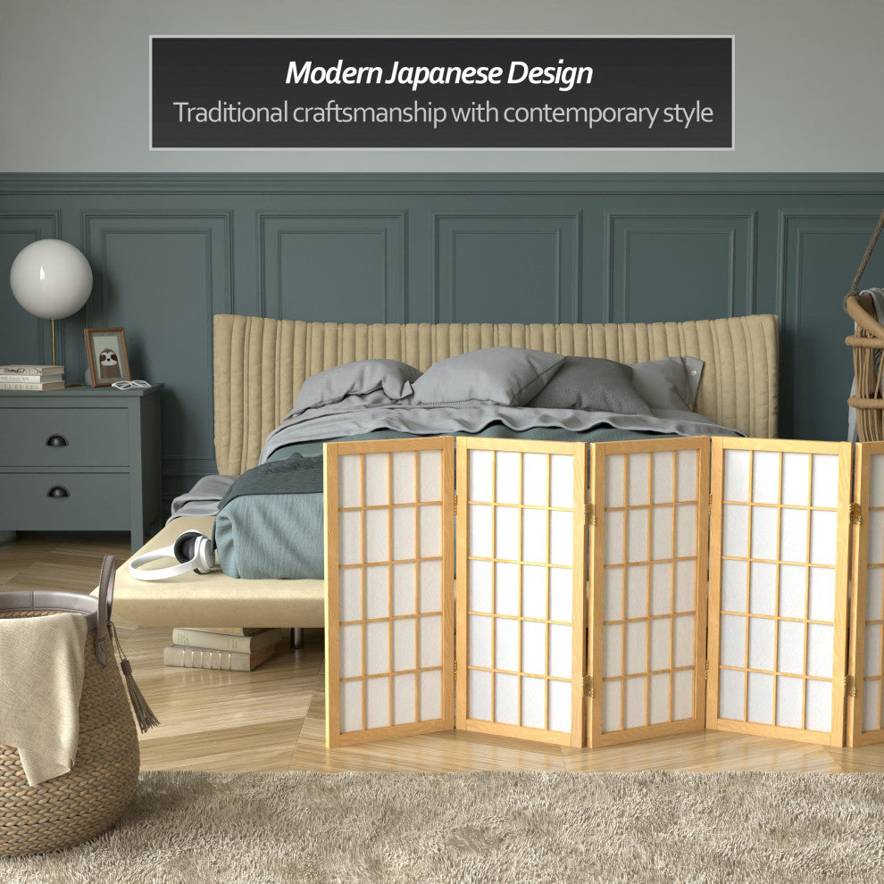 2' Tall Desktop Window Pane Shoji Screen, Natural, 5 Panels