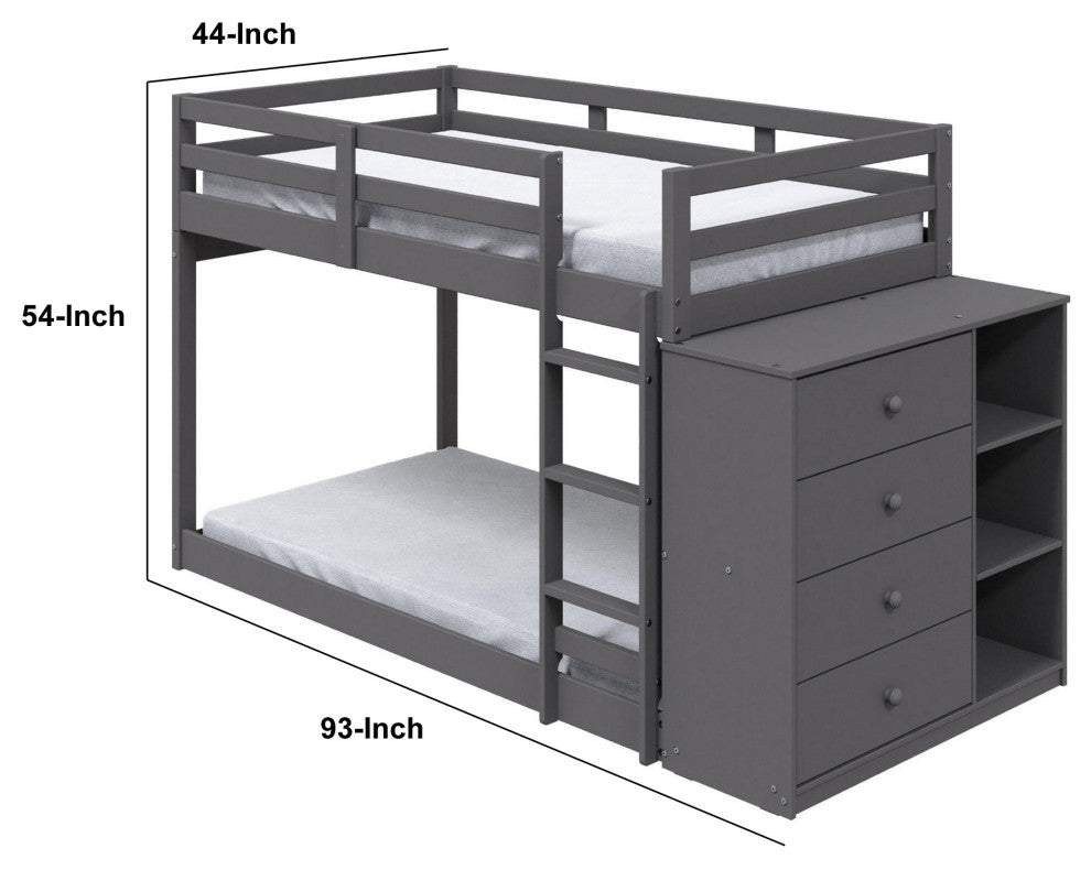 Benzara BM284031 Twin Bunk Bed With Cabinet, 3 Compartments, Ladder, Gray