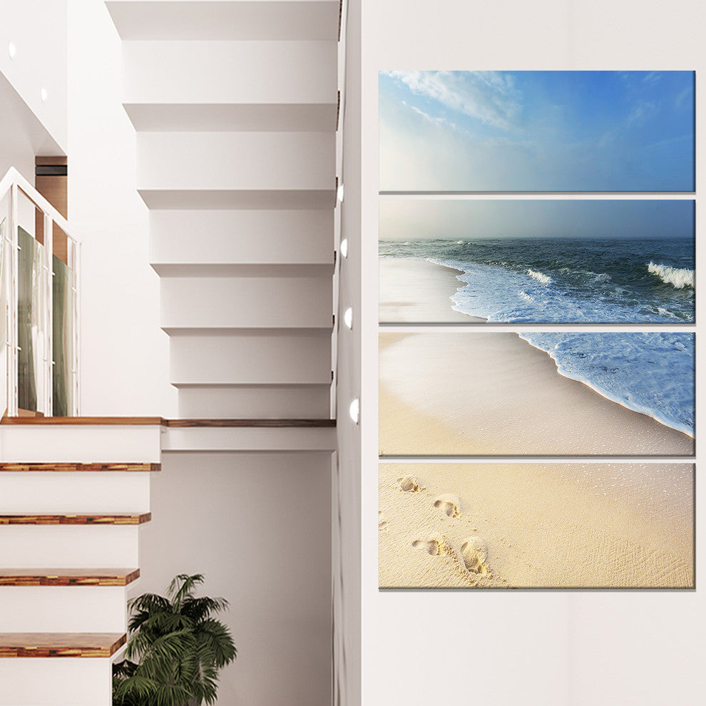 Clam Tropical Beach with Footprints, Seashore Canvas Print, 28"x48", 4 Panels