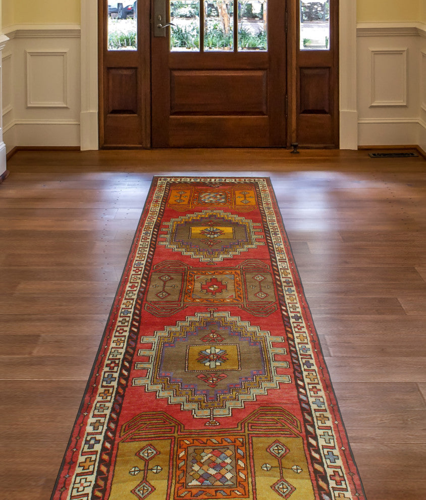 Fine Vintage Distressed Kedar Red/Ivory Runner, 3'7 x 13'2