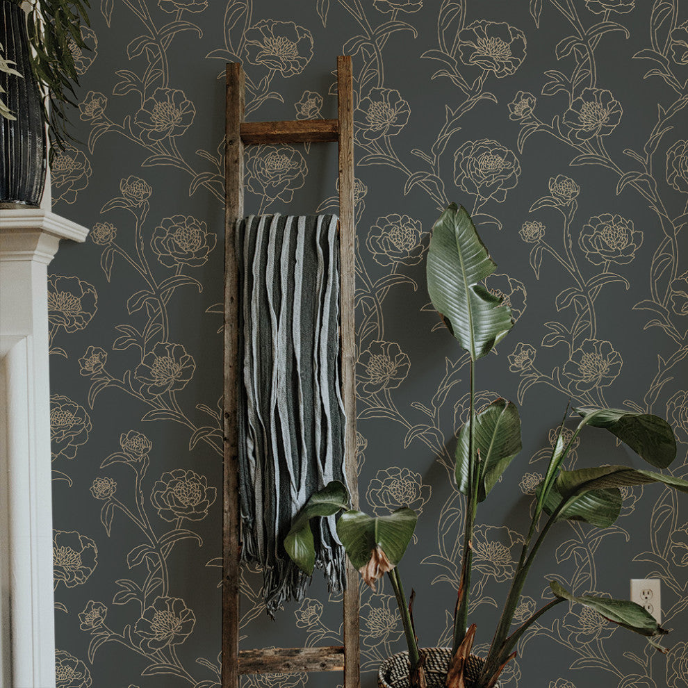 Peonies Peel and Stick Wallpaper, Noir