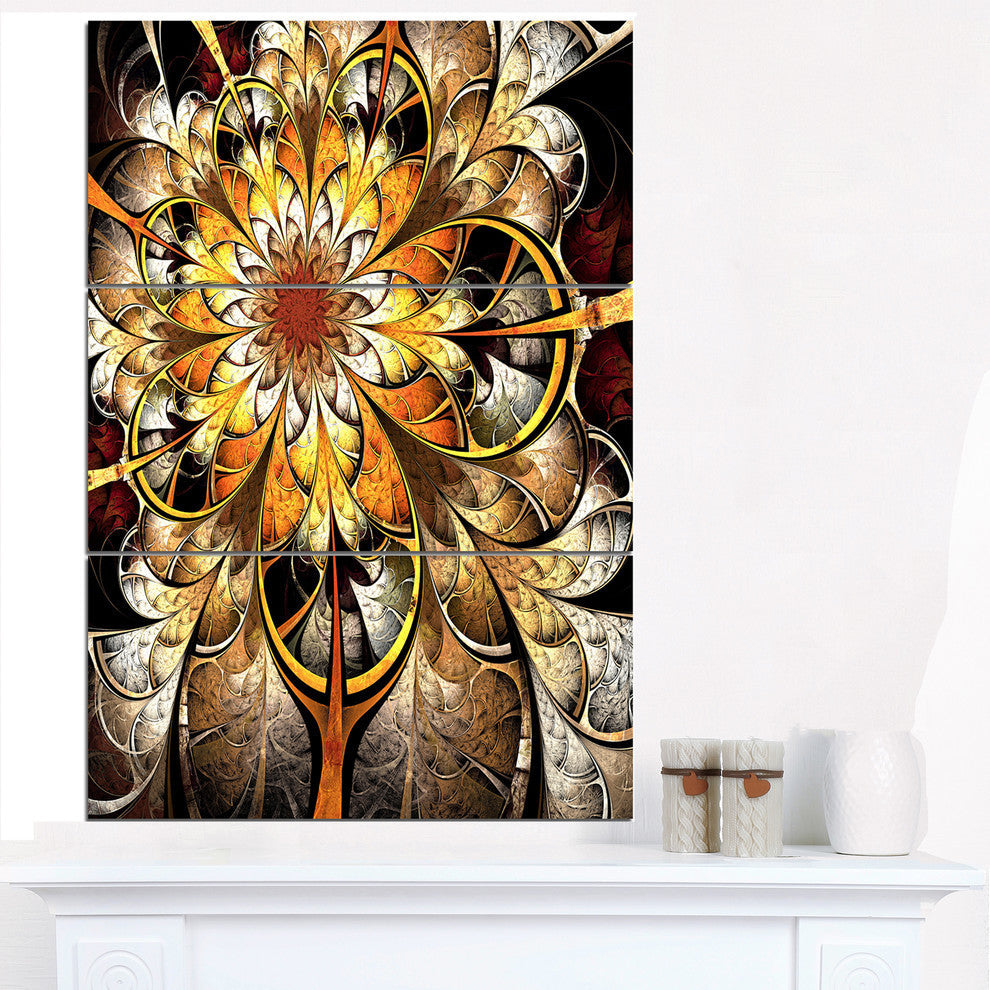 "Fractal Flower Dark Yellow" Digital Metal Wall Art, 3 Panels, 28"x36"