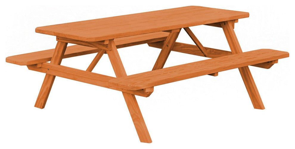 Pressure Treated Pine Picnic Table with Attached Benches, Cedar Stain, 8 Foot, With Umbrella Hole