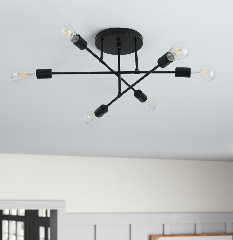 Modern Concise 6-Light Ceiling Light Sputnik Semi Flush Mount Light, Black