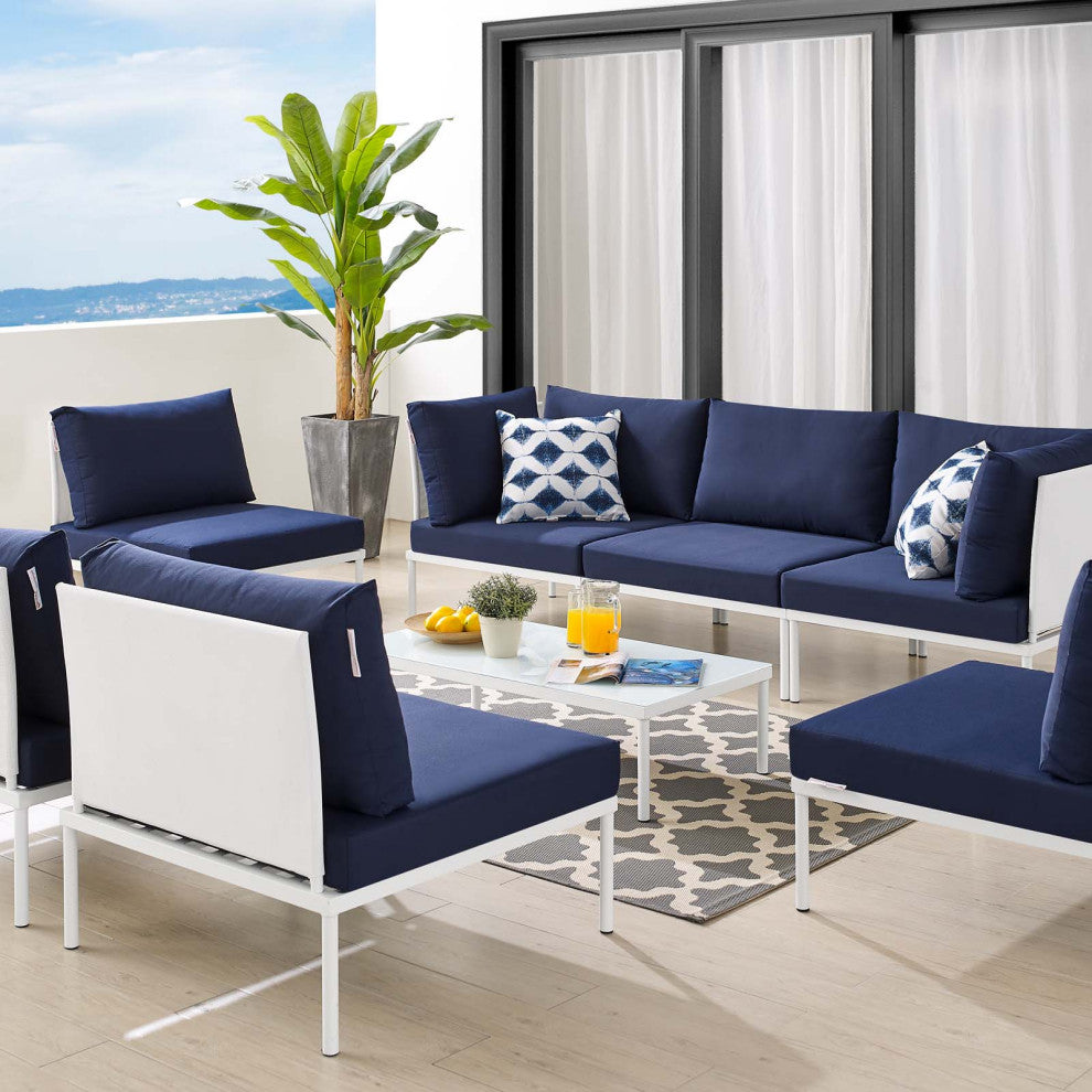 Sectional Sofa Chair Table Set, Sunbrella, Aluminum, White Blue Navy, Outdoor