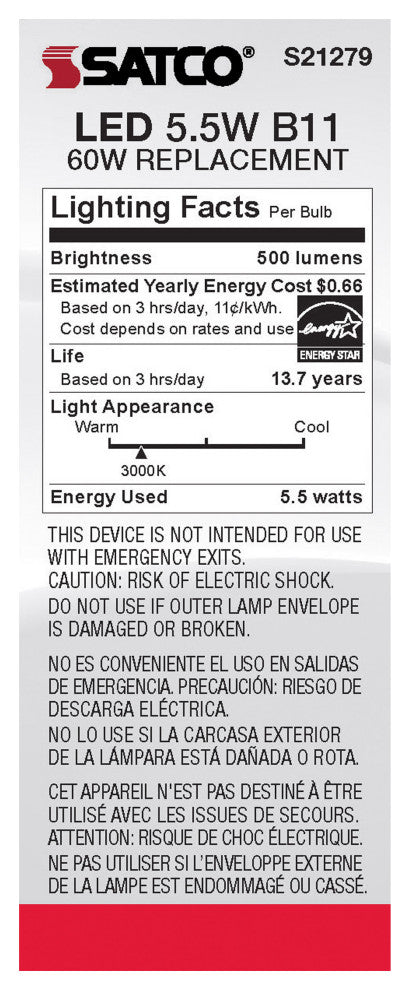 5.5W B11 LED, Frost, Candelabra Base, 90 CRI, 3000K, 120V