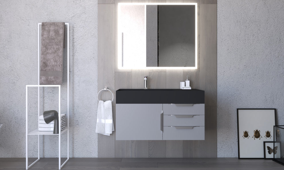 CastelloUSA Amazon 36" Wall Mount Vanity Set, Gray, Black Top, Chrome Handles