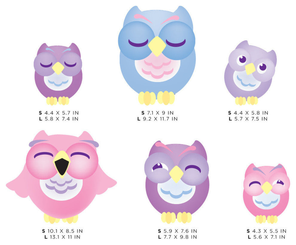 Sleepy Owl Fabric Wall Decals, Set of 6 Owls, Pink, Size Small