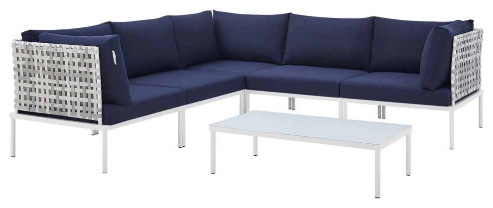 Lounge Sectional Sofa Chair Table Set, Sunbrella, Aluminum, Blue Navy, Outdoor