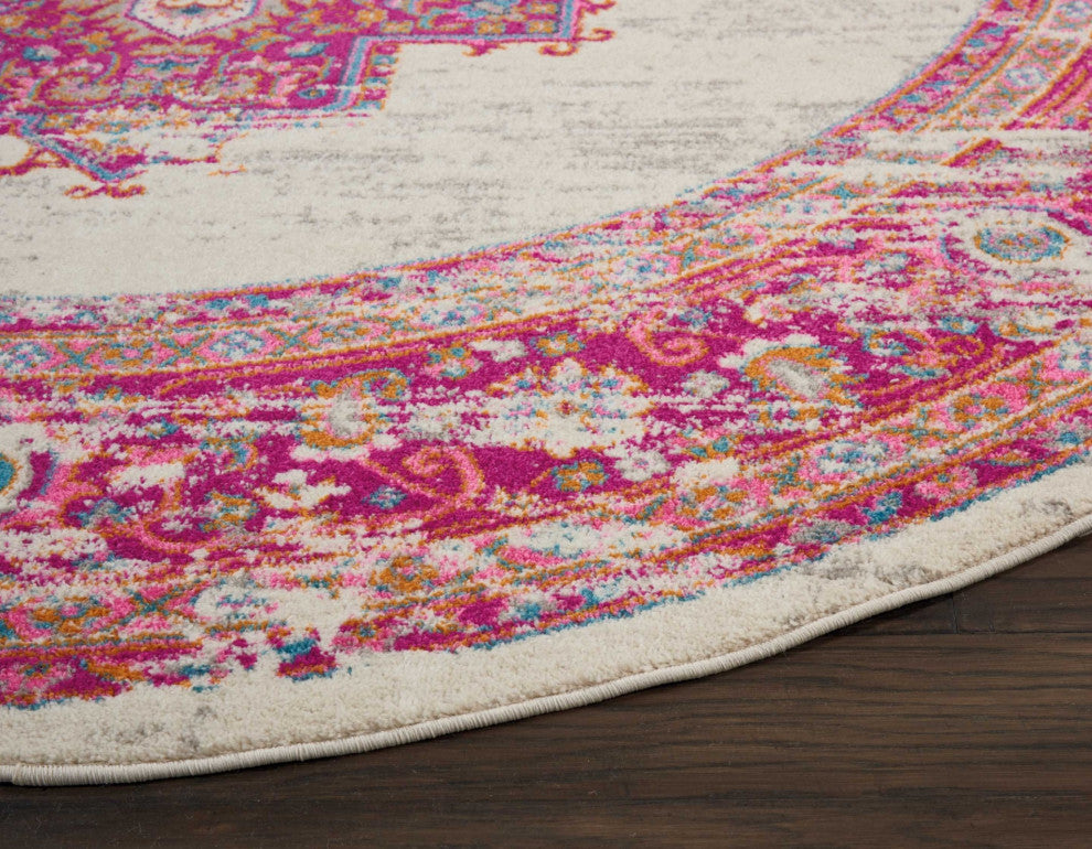 8 Round Ivory and Fuchsia Distressed Area Rug