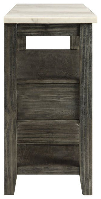 Farmhouse Sideboard, Marble Top With Storage Drawers & Open Shelves, White/Grey