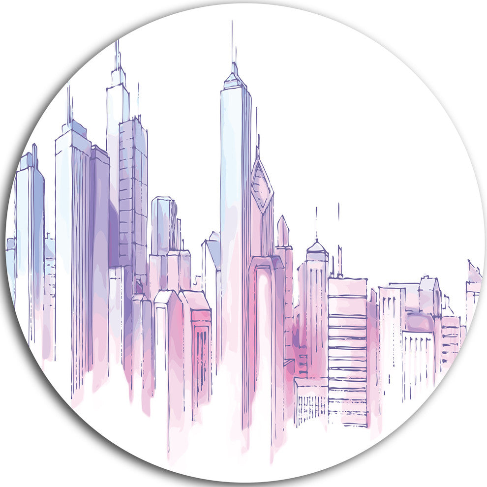 Purple City Skyline, Cityscape Painting Round Metal Wall Art, 36"