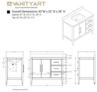 Vanity Art Bathroom Vanity With Sink, White, 42", Single Sink, Matte Black